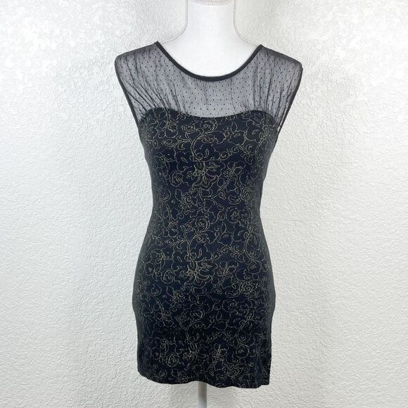 Free People Black Gold Floral Embroidered Polka Dot Mesh Sleeveless Dress Sz XS - Picture 2 of 7